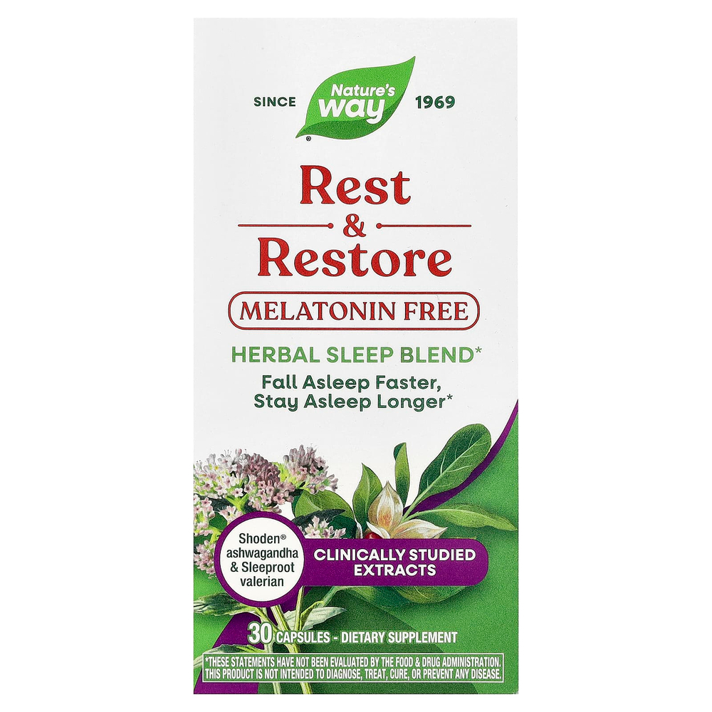 Nature's Way, Rest & Restore, без мелатонина, 30 капсул
