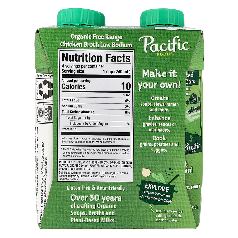 Pacific Foods, органический куриный бульон из курицы, с низким содержанием натрия, 4 картонных упаковки по 240 мл (8 жидк. унций)
