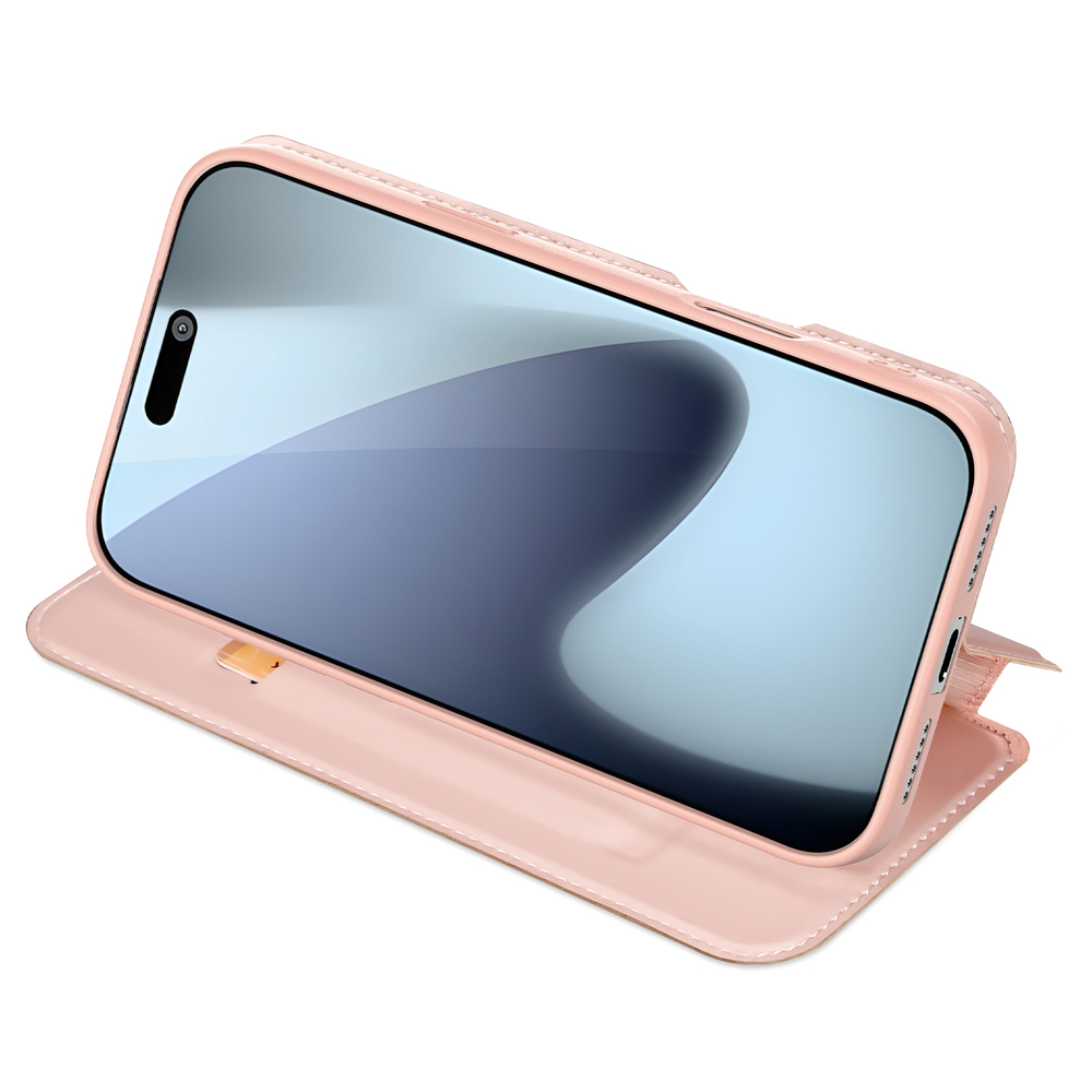 Чехол книжка из кожи розового цвета для iPhone 18 Pro и 17 Pro, серия Skin Pro Series от Dux Ducis
