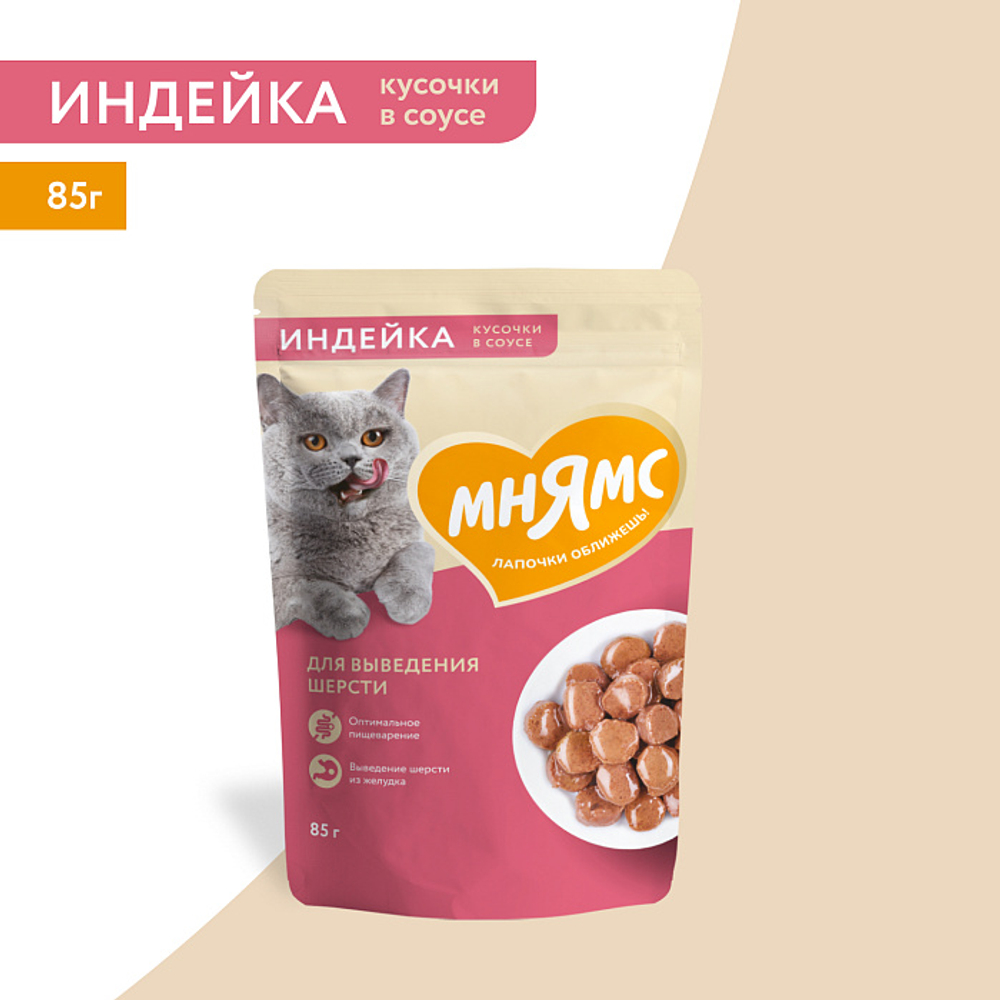 Влажный корм для кошек Мнямс на каждый день кусочки в соусе с индейкой для выведения шерсти 85г