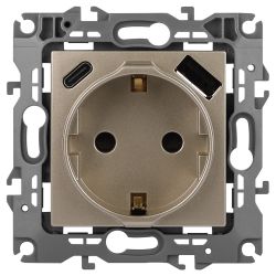 Розетка ЭРА Серия 12 12-4108-04 2P+E 16A-250В со шторками с USB type-A+C 5В-3А шампань | Эра 12