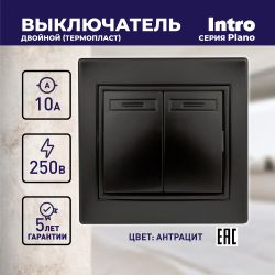 Выключатель Intro Plano 1-104-05 двухклавишный, 10А-250В, IP20, СУ, антрацит | Intro Plano Антрацит
