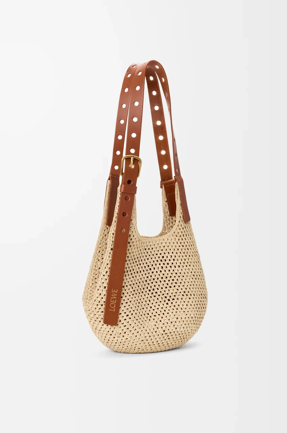 Loewe Сумка-хобо Punch Hole изготовленная из рафии и телячьей кожи, натуральный/коричневый