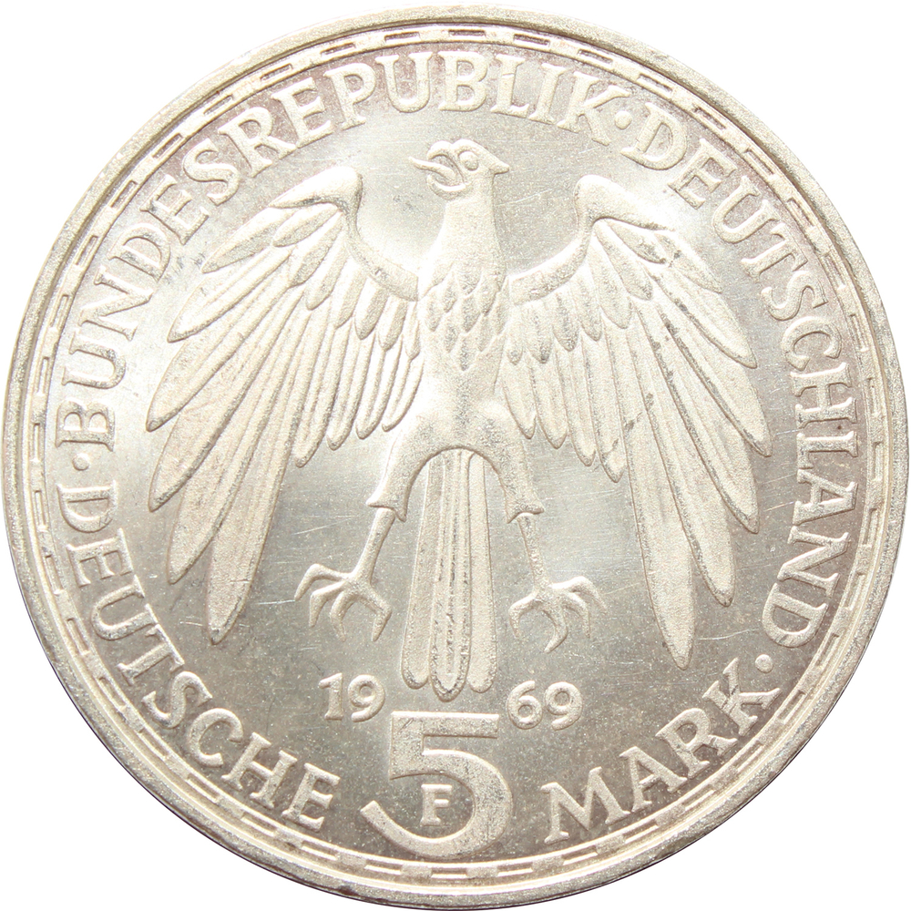 5 марок 1969 (F) Германия (375 лет со дня смерти Герхарда Меркатора) AU серебро