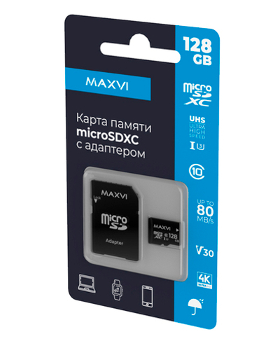 Карта памяти Maxvi microSDXC 128GB, class 10, UHS-I (3), V30 (MSD128GBC10V30)