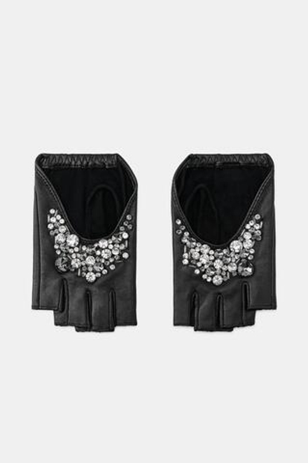ZARA КОРОТКИЕ КОЖАНЫЕ МИТЕНКИ С ДЕКОРОМ, ЧЕРНЫЙ
