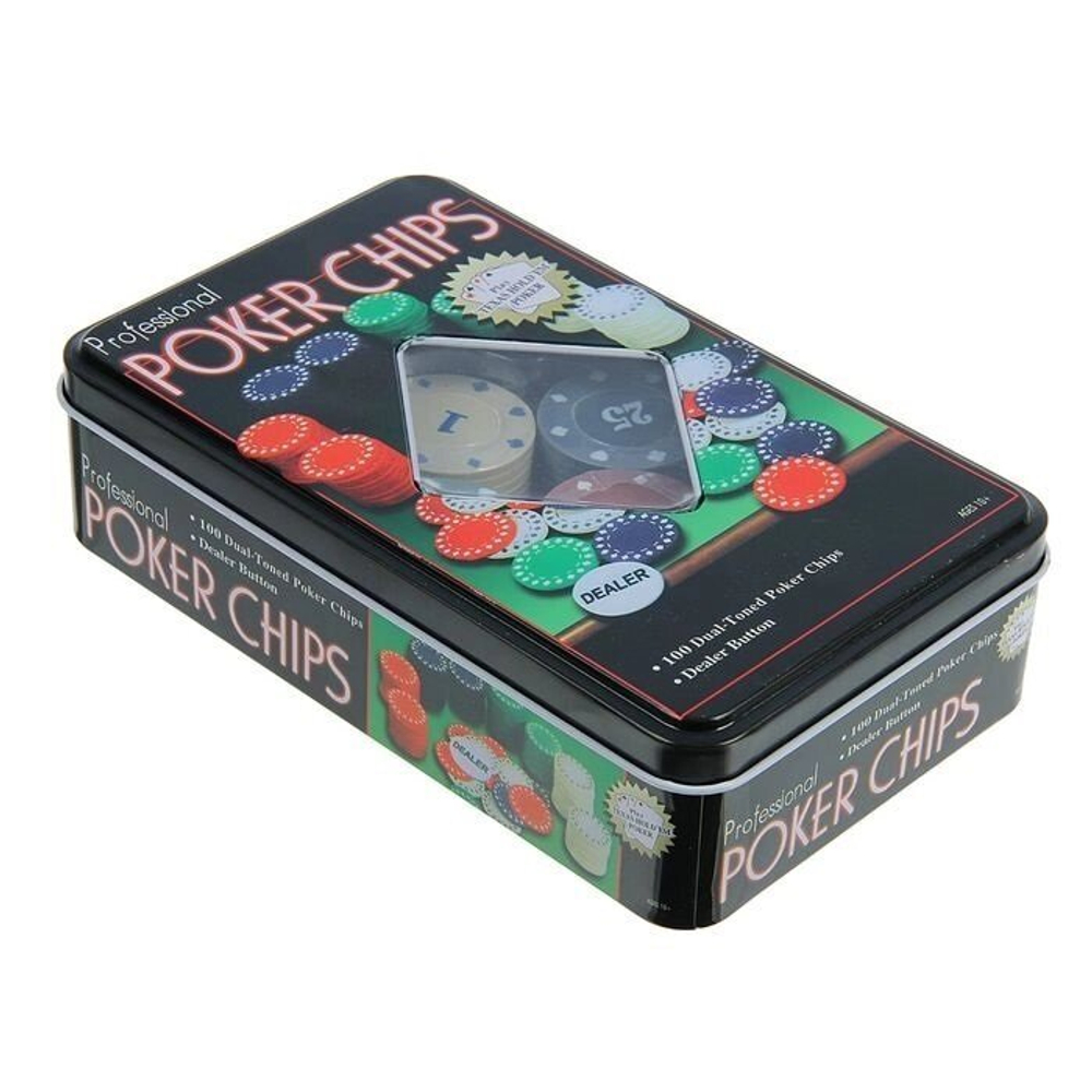 Набор для покера Professional Poker Chips: 100 фишек с номиналом, фишка дилера, металлическая коробка