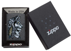 Зажигалка Zippo Wolf Skull с покрытием Iron Stone, латунь/сталь, серая, матовая, 38x13x57 мм
