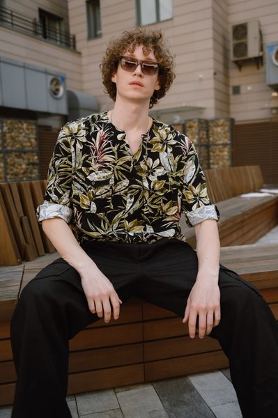 Рубашка изо льна унисекс чёрная с принтом "бамбук"