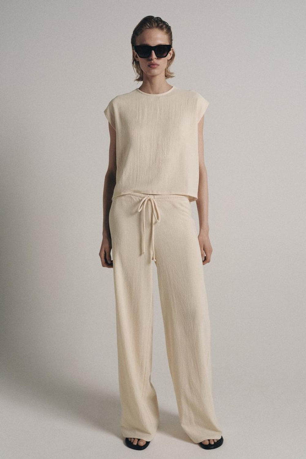 ZARA БРЮКИ ПРЯМОГО КРОЯ В СТИЛЕ РУСТИК, ЭКРЮ