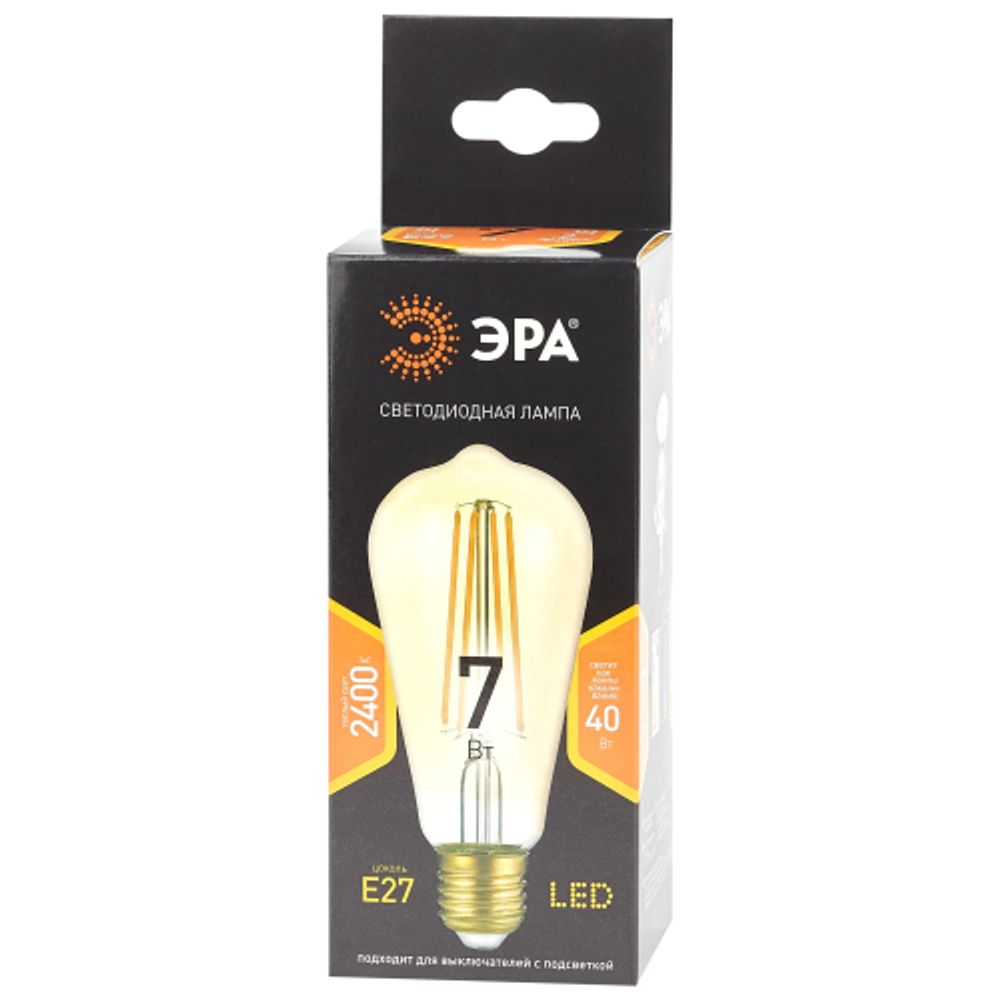 Лампа светодиодная ЭРА F-LED ST64-7W-824-E27 gold 7Вт филамент золотистый теплый белый свет Е27 | Филаментные декоративные