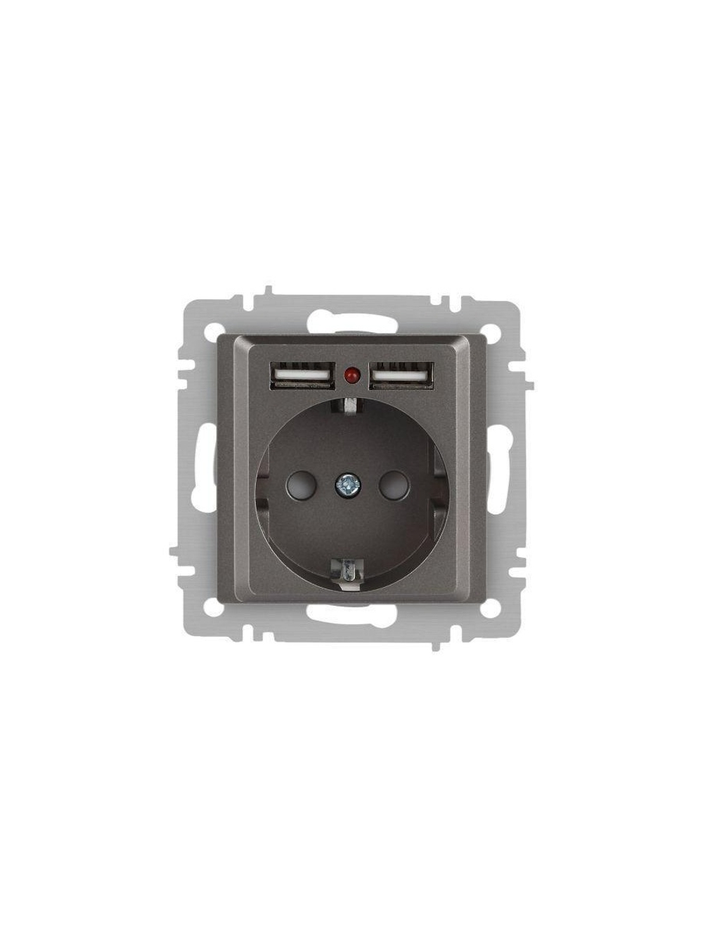 Розетка 1-м СП Accent 6-410-09 16А IP20 250В P+E Schuko + 2хUSB защ. шторки титан Intro Б0063711