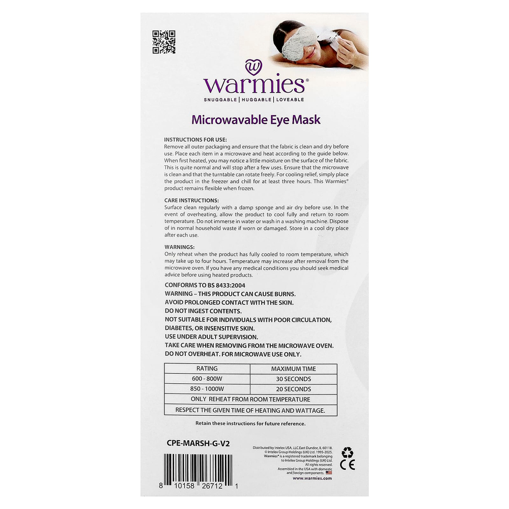 Warmies, маска на глаза для микроволновой печи, серый зефир, французская лаванда, 1 шт.