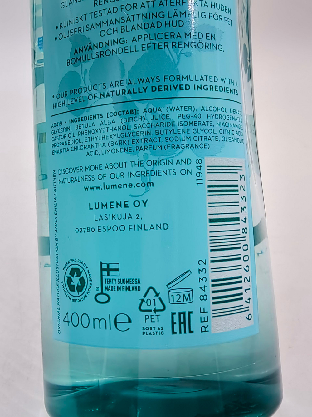 Тоник для лица Lumene Pure глубоко очищающий с березовым соком для жирной и комбинированной кожи 400 мл (из Финляндии)