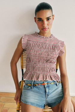 ZARA ТОП В КЛЕТКУ ВИШИ С ЭФФЕКТОМ ЖАТКИ, ЭКРЮ/ГРАНАТОВЫЙ