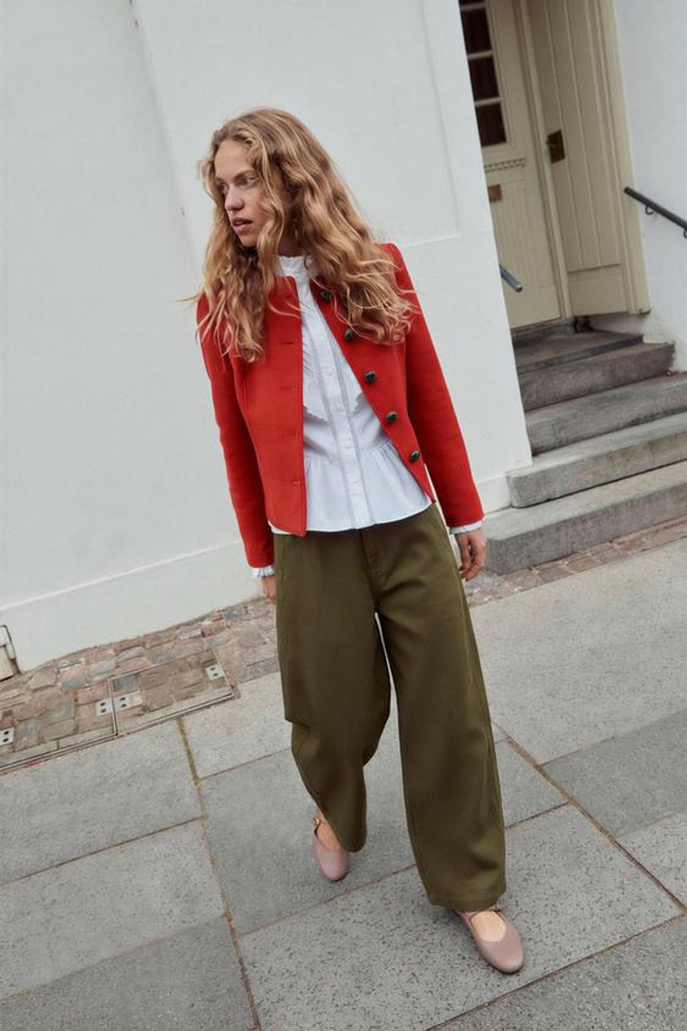 ZARA БРЮКИ BARREL В ПОЛОСКУ, ХАКИ