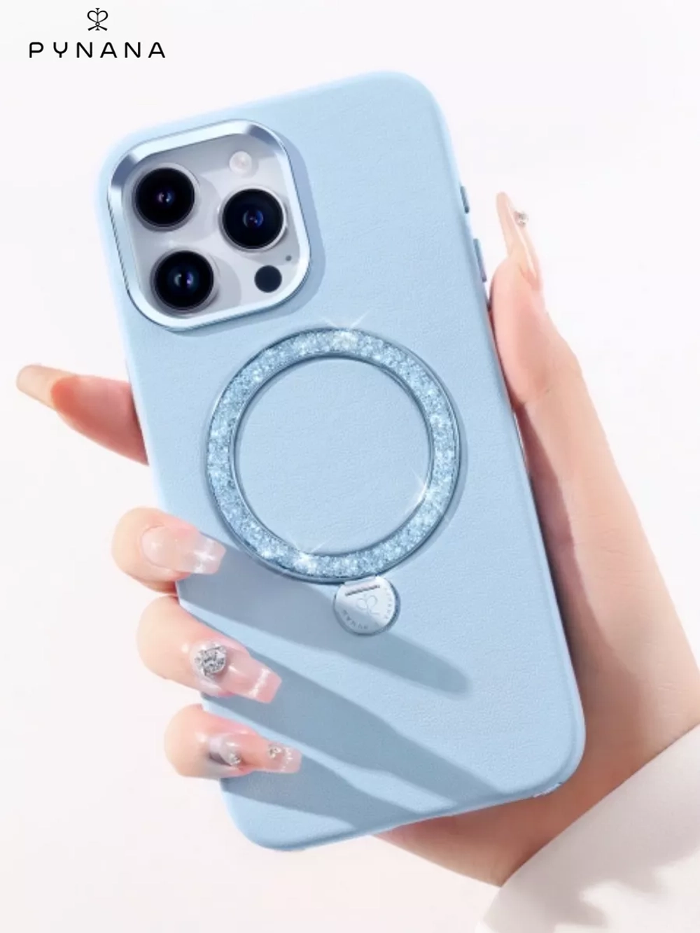 Чехол PYNANA для iPhone 15 PRO кожа, австрийский хрусталь, голубой океан