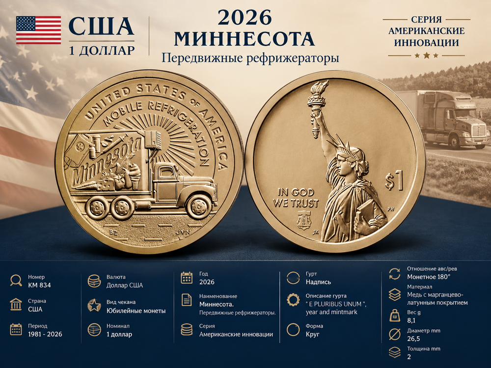 США 1 доллар 2026 D Инновация 33 Миннесота - Передвижные рефрижераторы