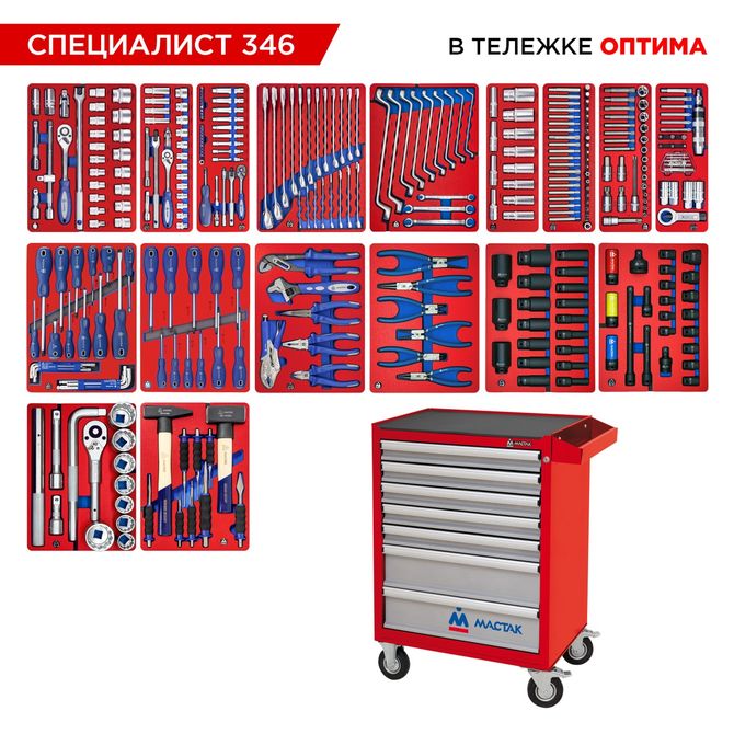 МАСТАК (52-07346R) Набор инструментов 346 предметов, "СПЕЦИАЛИСТ 346", в красной тележке