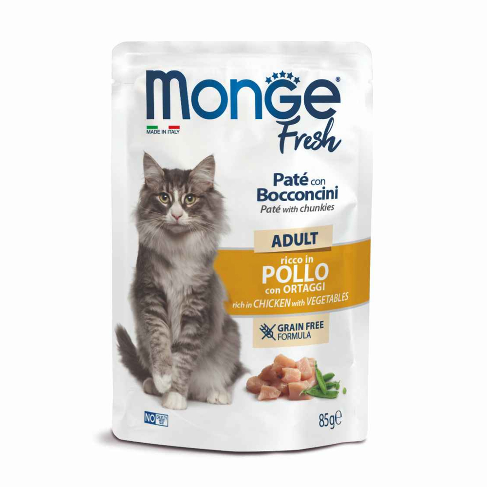 Влажный корм Monge Cat Fresh для кошек паштет с кусочками курицы и овощами паучи 85 г