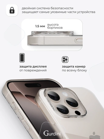 Чехол накладка Gurdini iPhone 16 Pro Max 6.9" плотный силикон 1,5 mm прозрачный