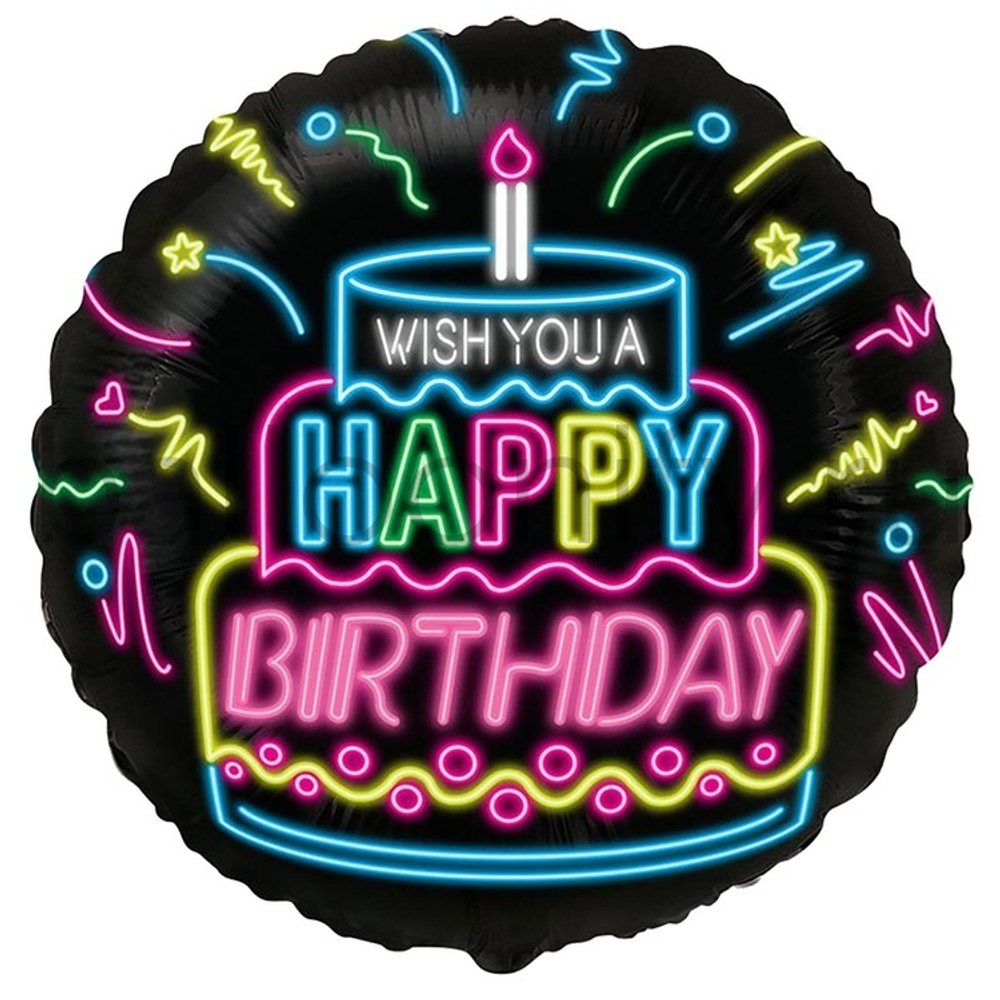 Фольгированная фигура, круг, WISH YOU A HAPPY BIRTHDAY Неон/FM,18"/46СМ