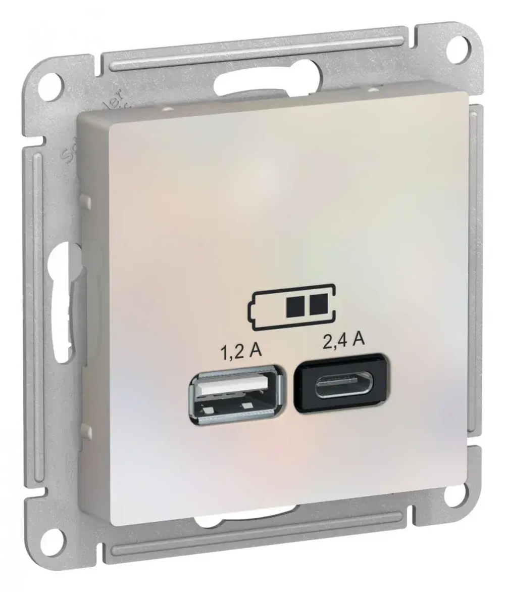 ATLASDESIGN USB РОЗЕТКА А+С, 5В/2,4А, 2х5В/1,2А, механизм, ЖЕМЧУГ