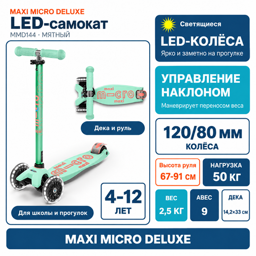 Самокат Maxi Micro Deluxe мятный LED
