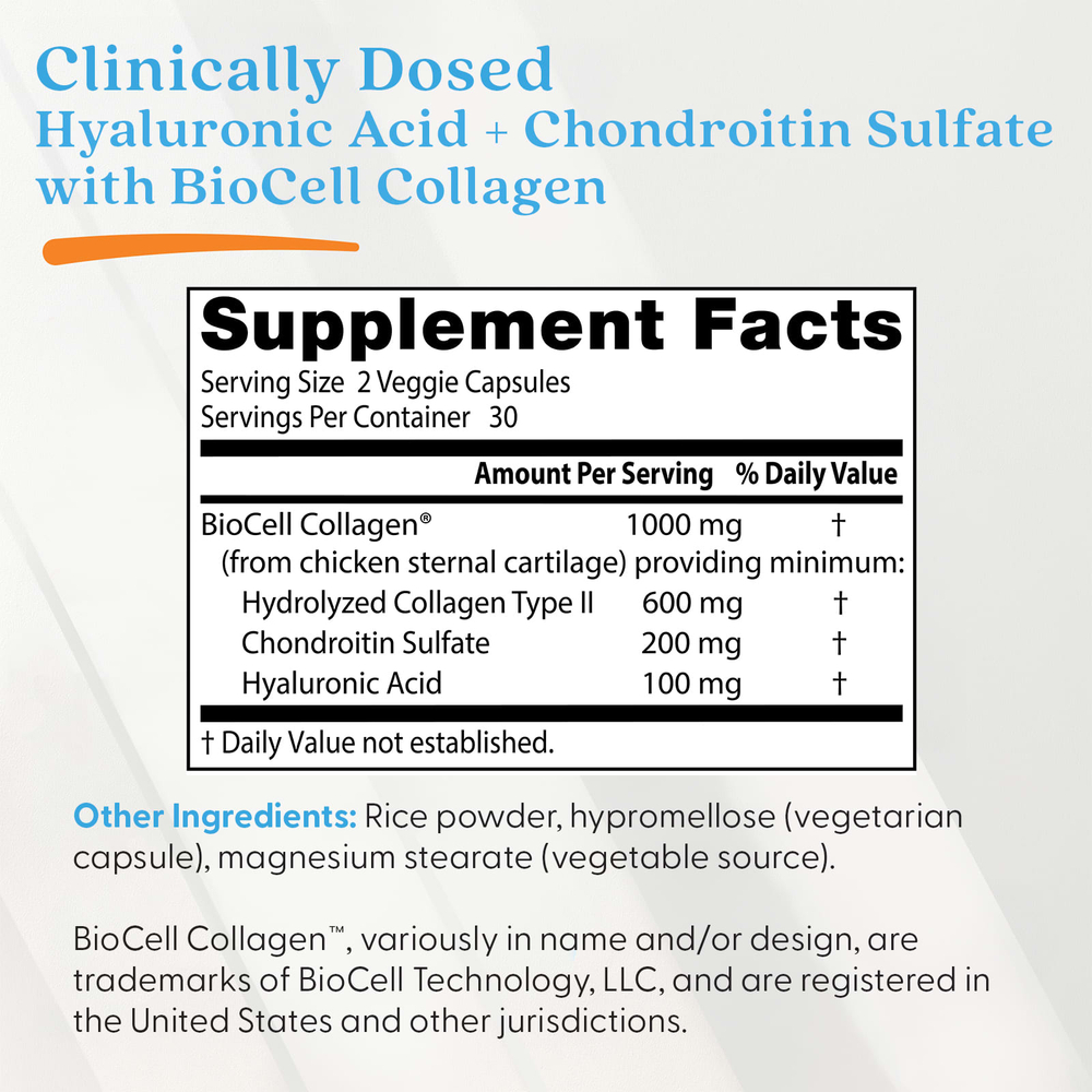 Doctor's Best, BioCell Collagen, гиалуроновая кислота и хондроитинсульфат, 60 вегетарианских капсул