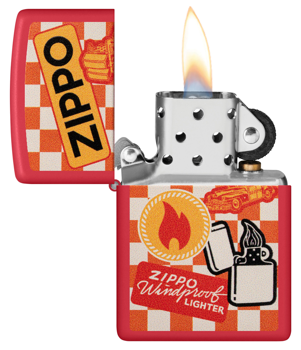 Зажигалка Zippo Retro Design с покрытием Red Matte, латунь/сталь, красная, матовая, 38x13x57 мм
