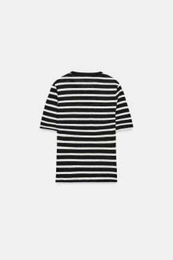 ZARA ФУТБОЛКА С ПУГОВИЦАМИ И ЛЬНОМ, ЭКРЮ/ЧЕРНЫЙ