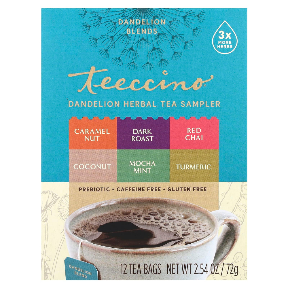 Teeccino, травяной чай из одуванчика, 6 вкусов, без кофеина, 12 чайных пакетиков, 72 г (2,54 унции)