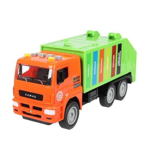 Машина пластик свет-звук KAMAZ МУСОРОВОЗ 30 см, бачок, двер, инер, зел, кор. Технопарк