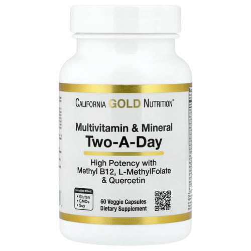 California Gold Nutrition, мультивитамины и минералы с метилом B12, витамином C, L-метилфолатом и кверцетином, для приёма два раза в день, 60 растительных капсул