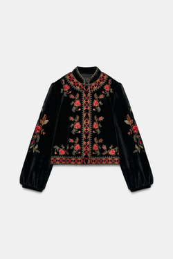 ZARA БАРХАТНАЯ КУРТКА С ВЫШИВКОЙ, ЧЕРНЫЙ