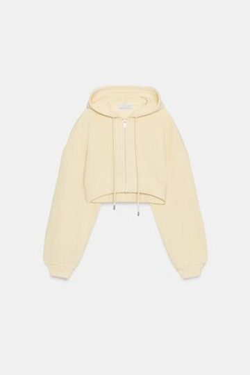 ZARA УКОРОЧЕННАЯ ТОЛСТОВКА С КАПЮШОНОМ, ПАСТЕЛЬНО-ЖЕЛТЫЙ
