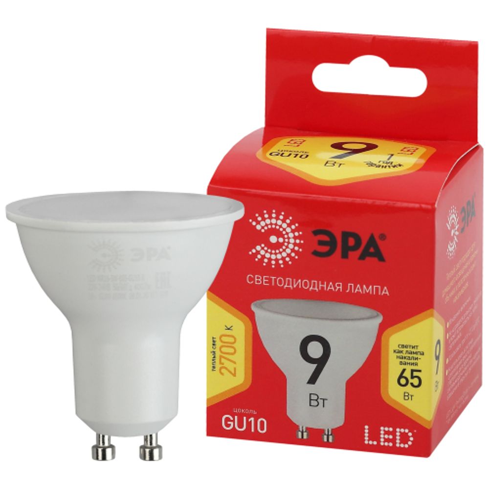 Лампа светодиодная ЭРА RED LINE ECO LED MR16-9W-827-GU10 9Вт софит теплый белый свет GU10 | Лампы cветодиодные Точечные (Софиты) (MR, PAR)