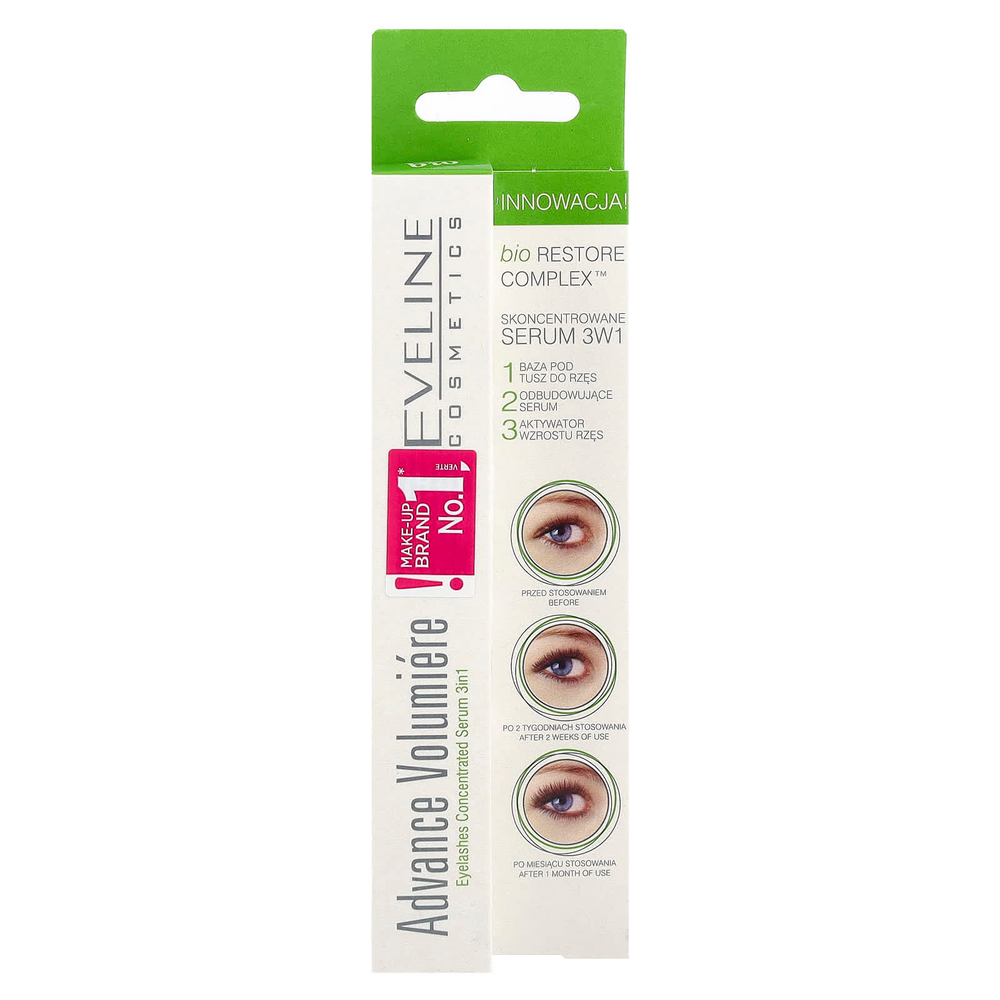 Eveline Cosmetics, Advance Volumiere, концентрированная сыворотка для ресниц 3 в 1, 10 мл (0,35 жидк. унц.)