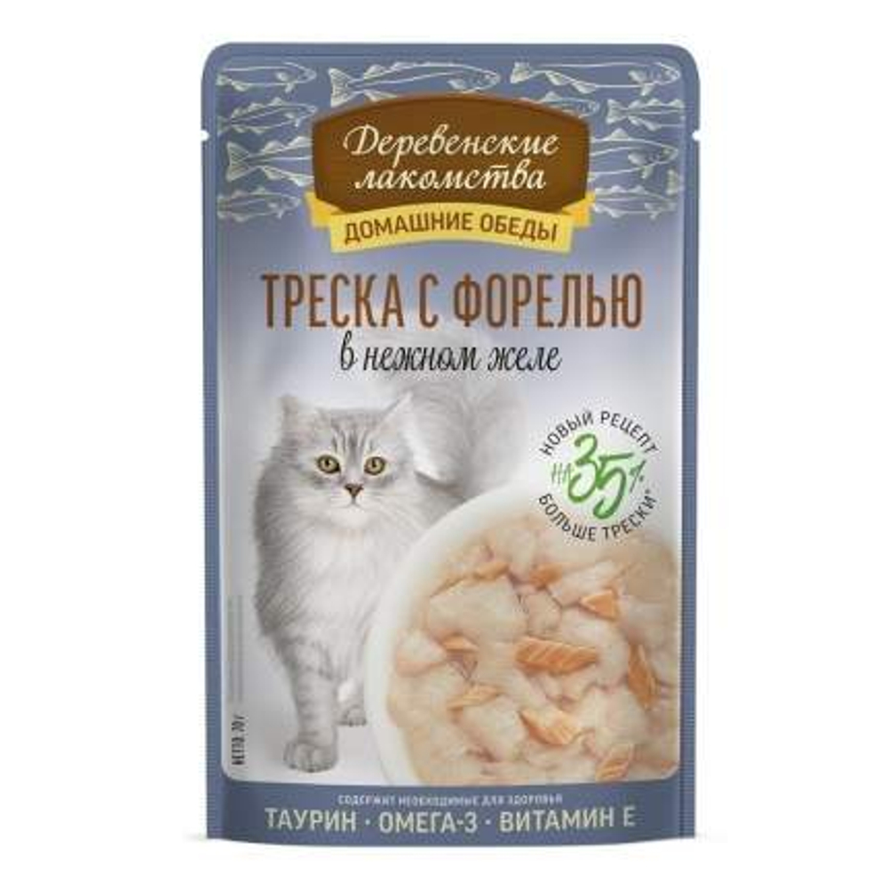 ДЕРЕВЕНСКИЕ ЛАКОМСТВА для Кошек пауч Треска с форелью в нежном желе 0.70 кг