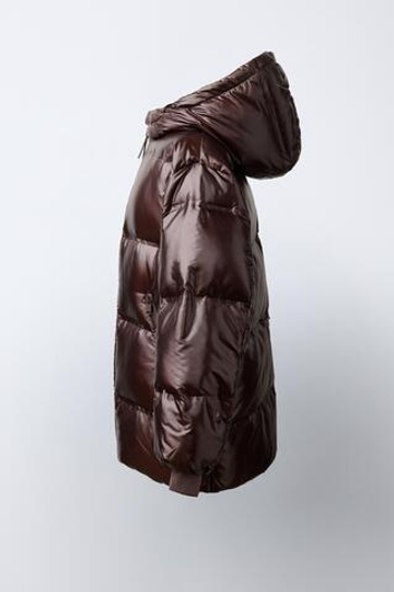 ZARA ТЕХНИЧЕСКИЙ ДЛИННЫЙ ПУХОВИК, КОРИЧНЕВЫЙ