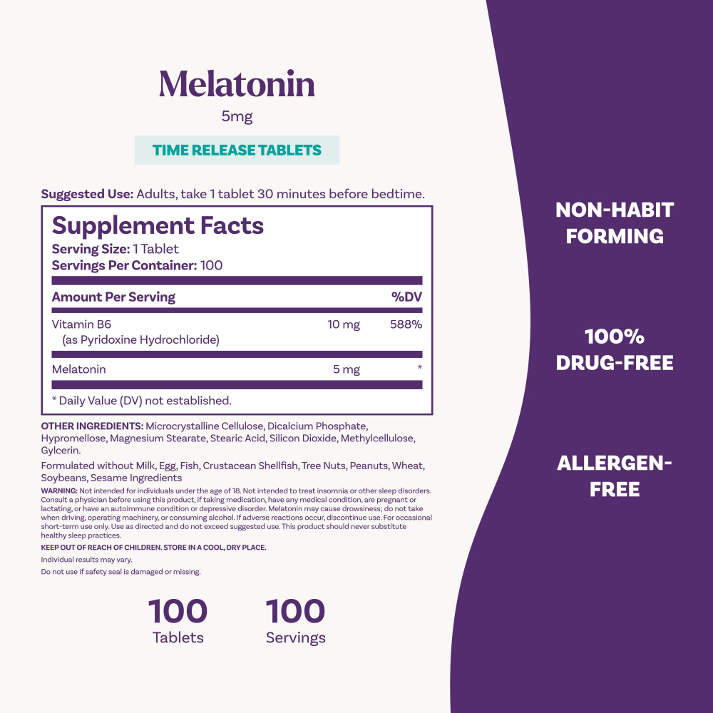 Natrol, мелатонин, медленное высвобождение, 5 мг, 100 таблеток