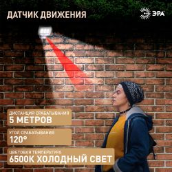 Светильник уличный ЭРА ERAFS024-07 настенный с датчиком движения c выносной солнечной батареей 6LED 150lm | Садовые фасадные светильники