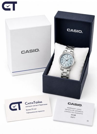 Casio LTP-V002D-2B General часы наручные женские — компактная классика с голубым циферблатом и датой