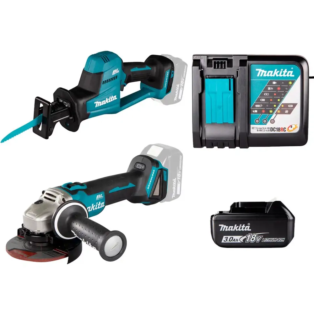 Аккумуляторная УШМ + сабельная пила с энергокомплектом Makita DGA504Z-DJR189Z-191A25-2