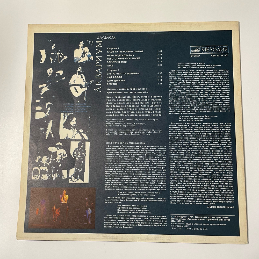 Винтажная виниловая пластинка LP Ансамбль Аквариум (СССР 1987)