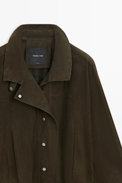 Massimo Dutti Куртка из кожи и замши с высоким воротником, хаки