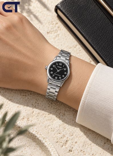 CASIO LTP-V001D-1B CASIO Collection женские наручные часы — чёрный циферблат, стальной браслет и тонкая классика