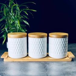 Lenardi 140-032 Набор из 3 банок 1000мл BAMBOO на подставке в под.уп.(х8)Фарфор,бамбук