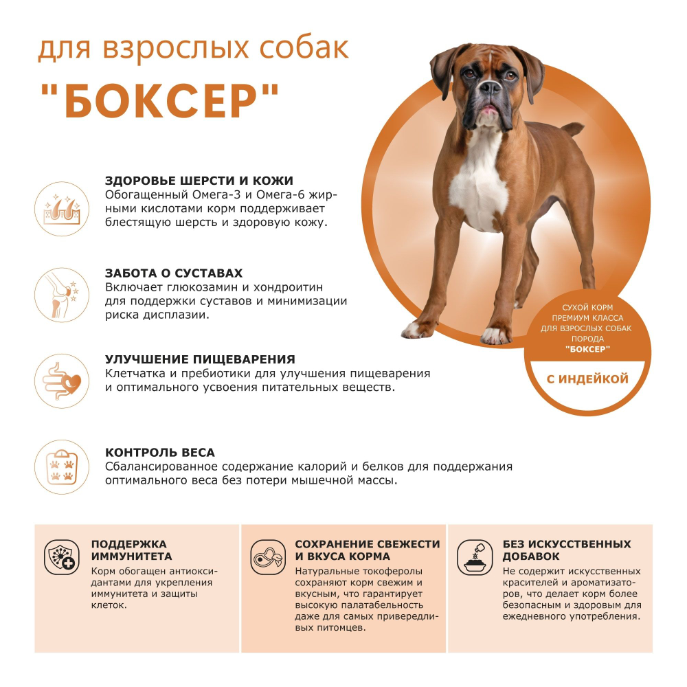 Корм сухой для взрослых собак породы Боксер, премиум полнорационный комплекс, с индейкой, 2,5 кг, QUATTRO