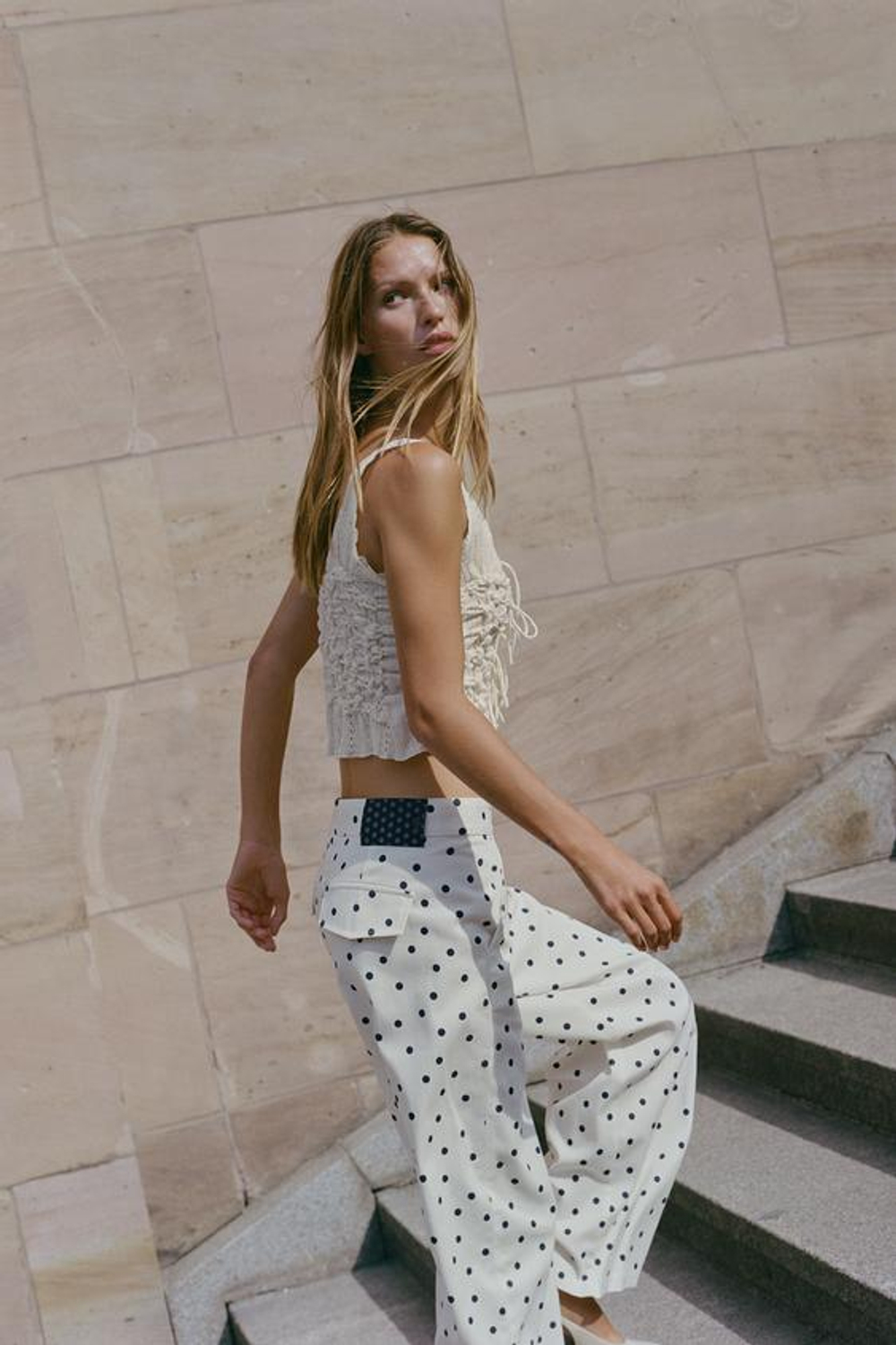 ZARA БРЮКИ BARREL В ГОРОШЕК, СИНИЙ/БЕЛЫЙ